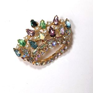 Vintage Pastel Rhinestone Faux Pearl Crown Brooch